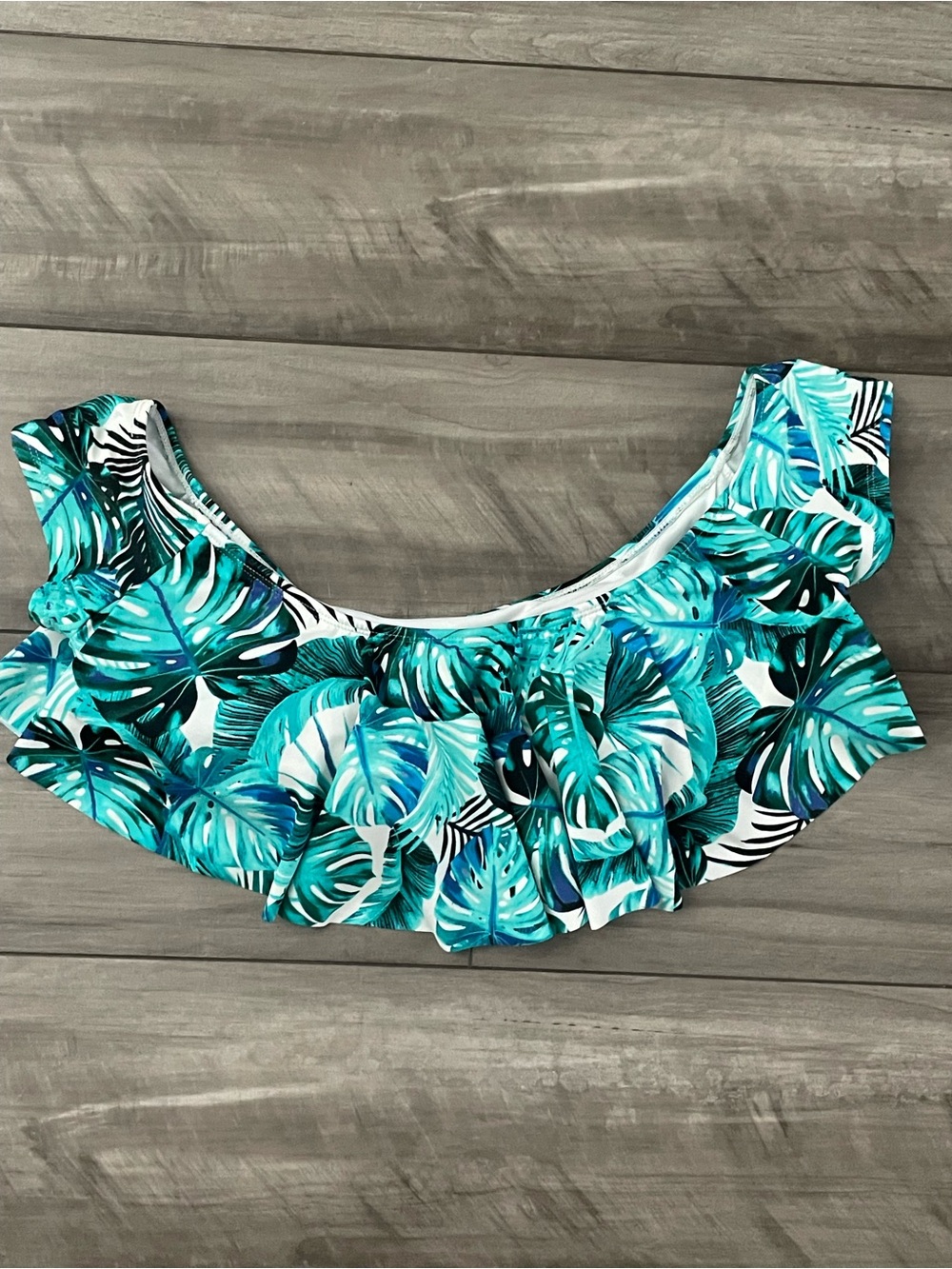 No Boundaries Tropical Leaf Ruffle Swim Top - Teal & White Size XL